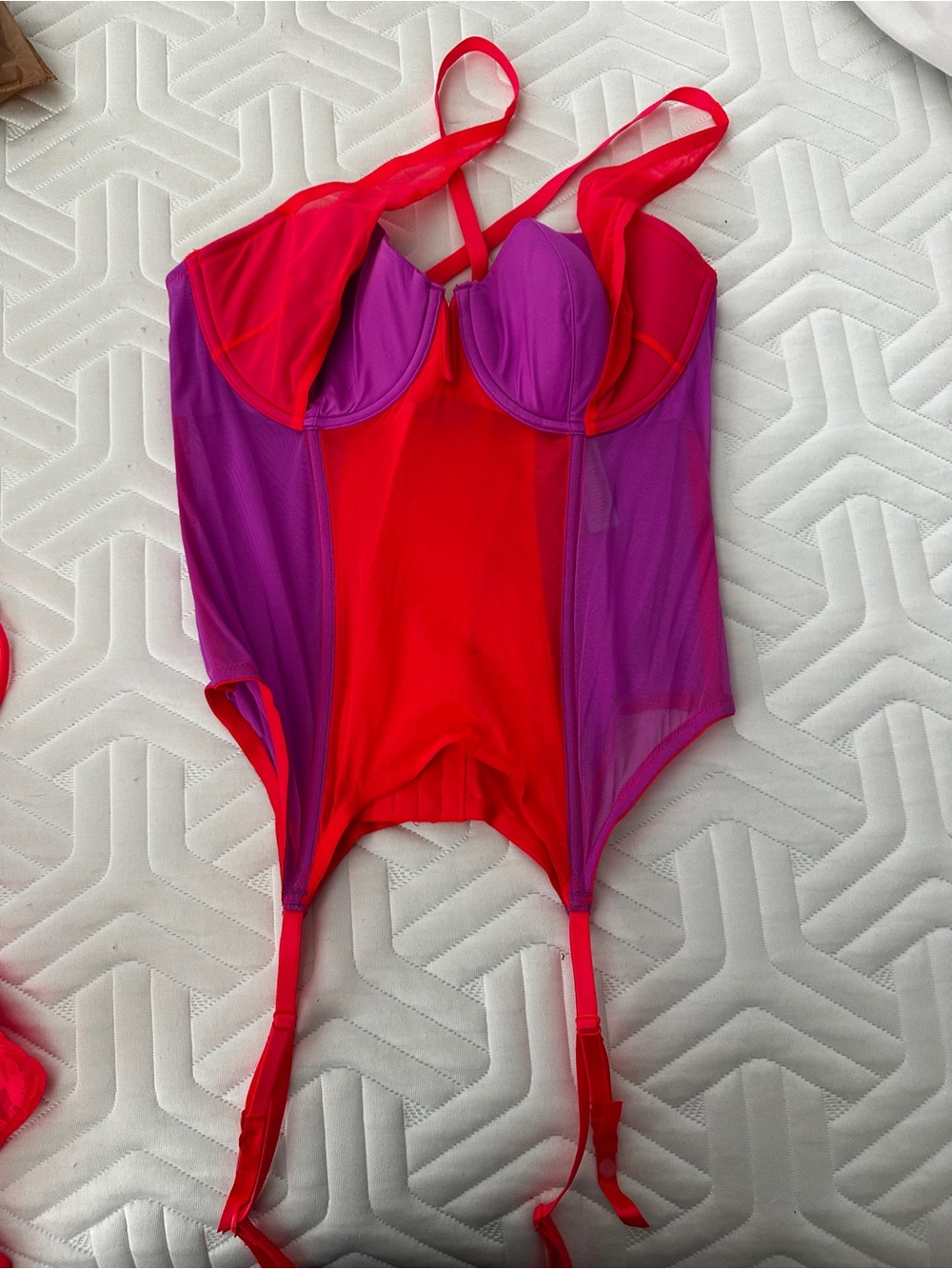 Savage X Fenty Colorblock Mesh Bustier Garter Lingerie Set XL NWOT